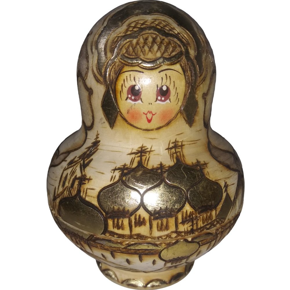 VTG MATRYOSHKA Gold Hand Painted Wood Burned Russian Nesting Dolls Set of 9